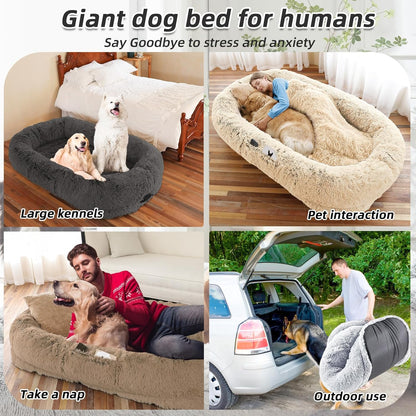 Human Dog Bed for Adults & Pets, 63"x32"x10" Faux Fur Nap Bed with Pillow, Blanket & Strap, Orthopedic Washable Lounger for Sleeping, Relaxing, Cuddling – Pink