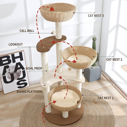 52" Modern Cat Tree Tower for Large Cats, 3Cat Nests Manual Hand Woven Multilevel Huge Paws Pals Cat Tree, Wood Cat Tower, Cat Scratching Tree, Cat Condo, Cat Lover Gift