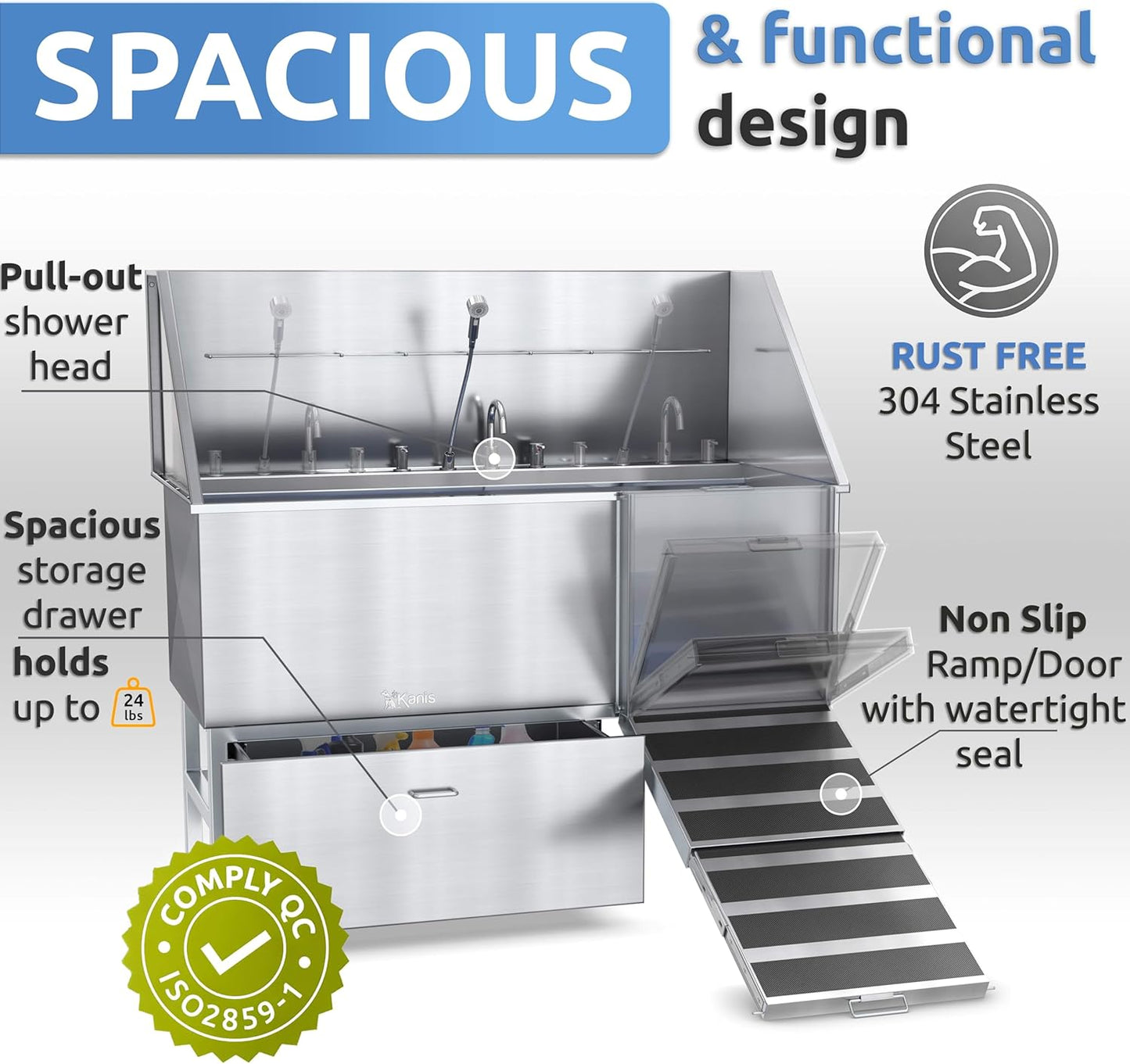 KANIS Professional Dog Washing Station - 304 Stainless Steel Pet Wash Sink & Grooming Bath Tub for Home with Ramp, Shower, Floor Grate, Storage Drawer, Faucet, Drain Kit for Large, Medium & Small Pets