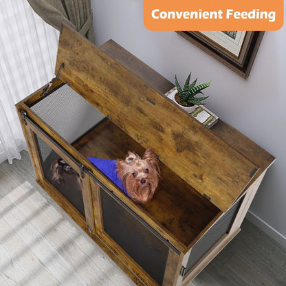 LINLUX 47 Inch Large Dog Crate Furniture, Wooden Heavy Duty XL Dog Kennel Indoor, Decorative Dog Cage Table for Large Dogs, with Sliding Doors, Wheels and Flip-top Plate, Rustic Brown