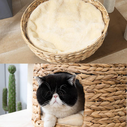 Large Wood Cat Tree Tower for Indoor Cats, Multi-Cats Scratching Post & Cat Condo with Handwoven Cat House Basket, Thick Sisal Posts, Modern Stable Cats Tower Furniture