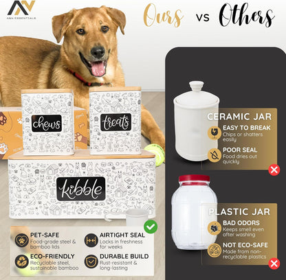A&N Essentials 3-Piece Pet Food Storage Container Set – Airtight Galvanized Steel with Bamboo Lids – Holds Up to 6 lbs Kibble & 6 Cups Treats for Dogs & Cats