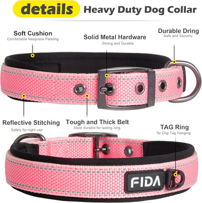 Fida Heavy Duty Dog Collar, Ultra Comfortable Soft Neoprene Padded, Adjustable Reflective Nylon Pet Collar with Durable Metal Belt Buckle for Large Breeds (L, Pink)
