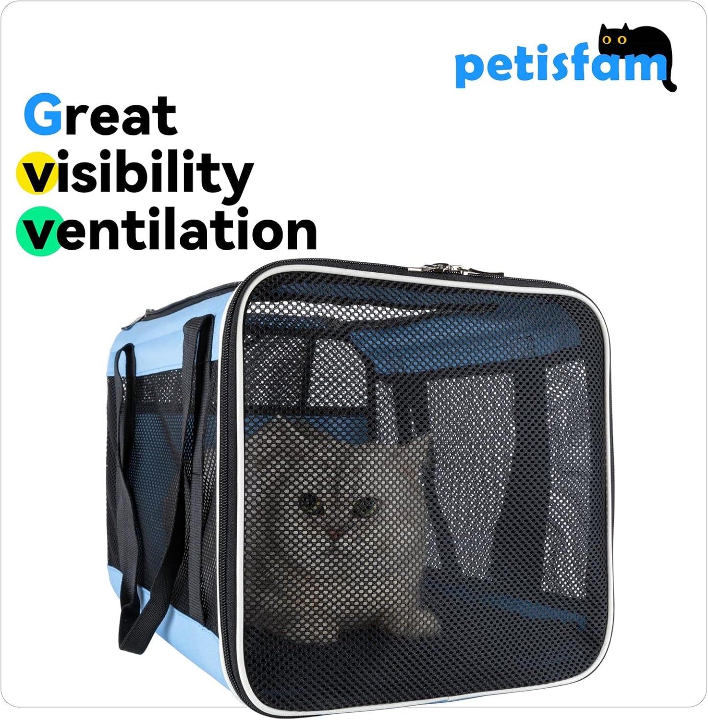 petisfam Soft Pet Carrier for Large and Medium Cats, 2 Kitties, Small Dogs. Easy to Get Cat in, Great for Cats That Don't Like Carriers (Blue) - Pawvie
