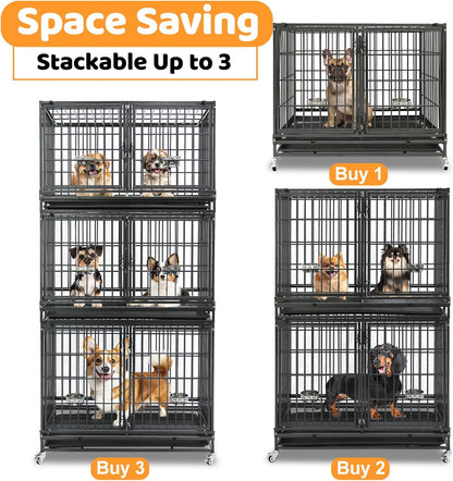 Homey Pet 43/48/37 inch Stackable Heavy Duty Dog Crate Cage on Wheels with Divider, 2X Steel Bowls, 4X Lockable Wheels, Tray, Indestructible Escape Proof Lager Dog Kennel Indoor