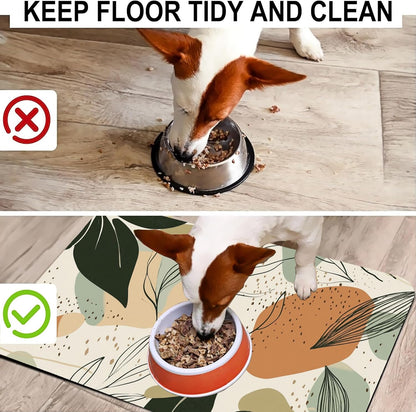 Abstract Boho Leaves Dog Food Mat-Absorbent Pet Feeding Mat for Food and Water Bowl, Quick Dry Dog Placemat with Rubber Backing-No Stains Pet Supplies for Messy Drinkers 12"x20"