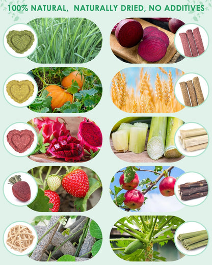 ERKOON 53 Bunny Chew Toys for Rabbits Teeth, Natural Rabbit Toys Apple Wood Sticks, Carrot, Timothy Grass for Small Pets, Hamster, Chinchilla, Guinea Pig Dental Care and Treat Teething(53)