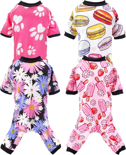 PET SHOW 4 Pack Dog Pajamas for Small Medium Dogs Girl Soft Stretchy PJs Paw Floral Jumpsuit Dog Doughnut Ice Cream Onesies Outfits with Sleeve Pets Breathable Summer Clothes Costume XL