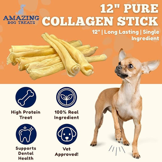 Amazing Dog Treats - Large Collagen Stick - (12 Inch - 4 Count) - Beef Cheek Rolls for Dogs - 100% Pure Collagen Sticks - No Hide Bones