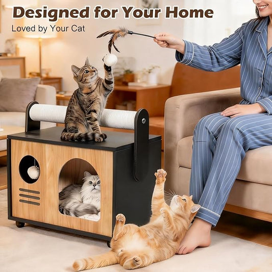 Modern Luxury Cat House & Condo – Indoor Wooden Cat Furniture with XL Lounge, Hammock, Scratching Posts & Climbing Platforms
