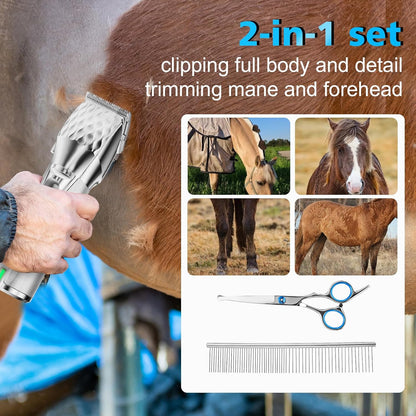 Horse Clippers, Cordless Trimmers Grooming Kit with 2500mAh Battery，Low Noise Heavy Duty Body Clipping Machine with LED Display, Suitable for Horse, Cattle, Cat, Dog with Thick/Tangled Coat