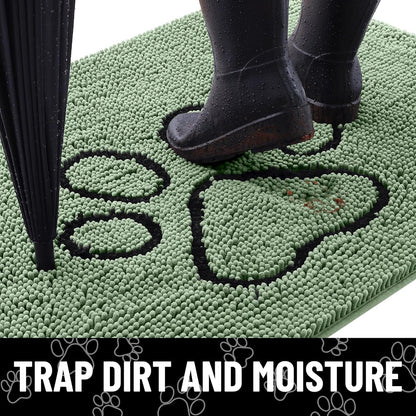 Smiry Dog Door Mat for Muddy Paws, Absorbent Dirt Trapper Non Slip Quick Dry Washable Chenille Mat for Mud Dogs, Entry Rug for Indoor and Outdoor (30x20 Inches, Olive Green and Black)