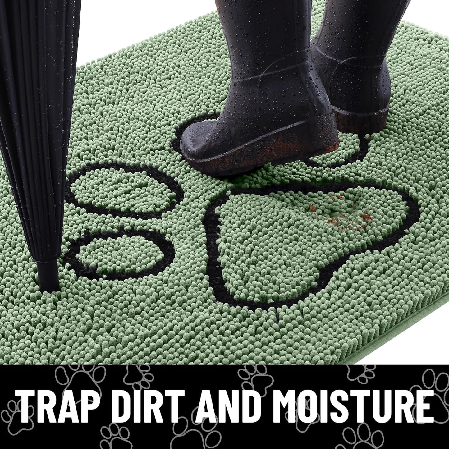 Smiry Dog Door Mat for Muddy Paws, Absorbent Dirt Trapper Non Slip Quick Dry Washable Chenille Mat for Mud Dogs, Entry Rug for Indoor and Outdoor (48x30 Inches, Olive Green and Black)