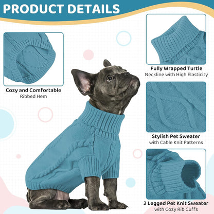 Queenmore Small Dog Pullover Sweater, Cold Weather Cable Knitwear, Classic Turtleneck Thick Warm Clothes for Chihuahua, Bulldog, Dachshund, Pug (Peacock Blue, X-Large)
