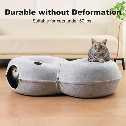 8-Shaped Large Cat Tunnel Bed for Indoor Cats, Infinite Circulation Peekaboo Cat Cave with 12 Toy Balls, Cat Donut Tunnel for Cats up to 30 Pounds (Light Grey, L 38x24x11in)