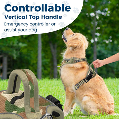 Funfox Dog Harness No Pull, Adjustable Pet Vest Harness, Super Soft Material with Vertical Handle Easy Control, Reflective Night Walking, 2 Leash Clips for XLarge Dogs, Camo Green, XL