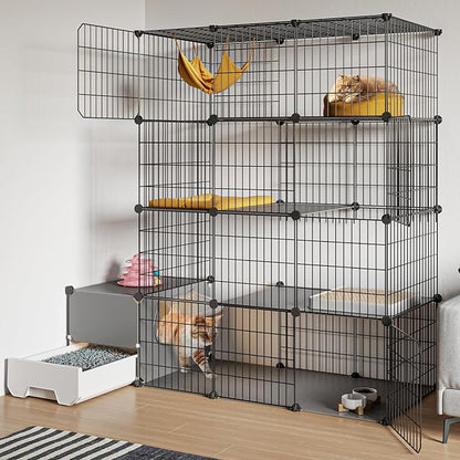 Oneluck Cat Cage with Litter Box,4-Tier DIY Enclosures Large Playpen Detachable Metal Wire Kennel Indoor Crate Large Exercise Place Ideal for 1-2 Cats (41.3" L x 17.8" W x 55.1" H)
