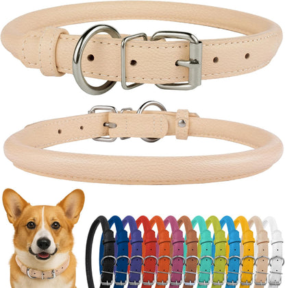 CollarDirect Rolled Leather Dog Collar, Soft Padded Round Puppy Collar, Handmade Genuine Leather Collar Dog Small Large Cat Collars 13 Colors (11-14 Inch, Beige Textured)