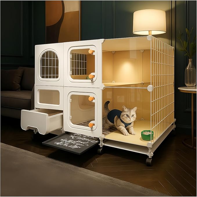cat cage Indoor with Litter Box, Complimentary Bed, Bowl,Cleaning Three Piece Set,Large cat Enclosure, Cat House with Wheels Outdoor,Small Animal Cage cat Kennel (White, 41.8″(L) x18.1″(W) x32.3″(H))