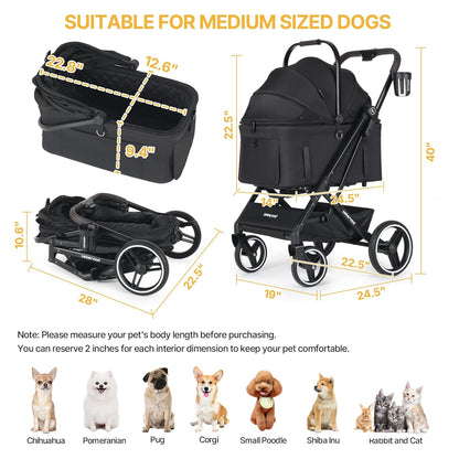 X3 2 in 1 Pet Stroller for Medium or Two Small Dogs & Cats 4 Wheels Lightweight Foldable Carrier Dog Stroller with Waterproof Weather Cover Cup Holder,Storage Basket(Black) - Pawvie