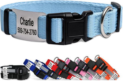 GoTags Personalized Dog Collar with Nameplate, Adjustable Dog Collar with Custom Engraved Slide On Pet ID Tag in Stainless Steel, Silent, No Noise Dog Tag (Light Blue, Medium)