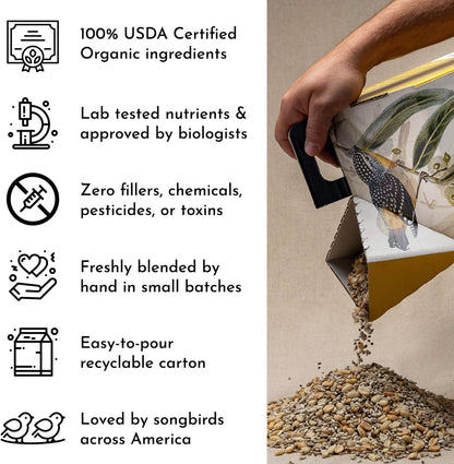 Flying Colors Premium Organic Wild Bird Seed | Woodstock 'Hempy' Blend | 100% USDA Organic Ingredients | No Fillers, No Pesticides | Sunflower Seed, Peanut, Safflower, Hemp | 3 Gallon Easy-Pour Carton