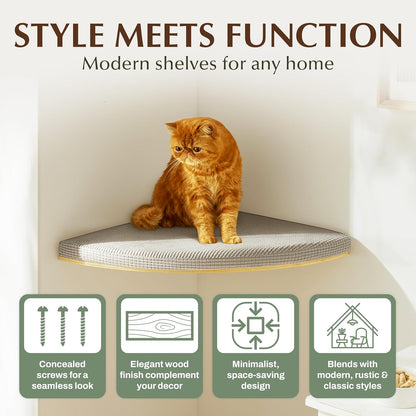 Large 9.84” CALLICO HAVEN- Corner Cat Wall Shelves, Modern Wall-Mounted Cat Furniture, Corner Wall Hammock for Cats, Space-Saving Wall Cat Tree Bed, Sturdy/Hidden Mounts, Washable Cover- Fan Shape