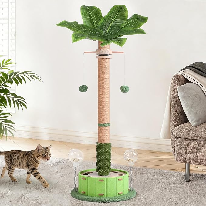 40" Tall Cat Scratching Post, Scratching Posts for Indoor Cats Adults and Kittens with Rotating Hanging Ball, Interactive Cat Puzzle Toy and Spring Cat Treat Dispenser, Palm Tree Scratch Post for Cats