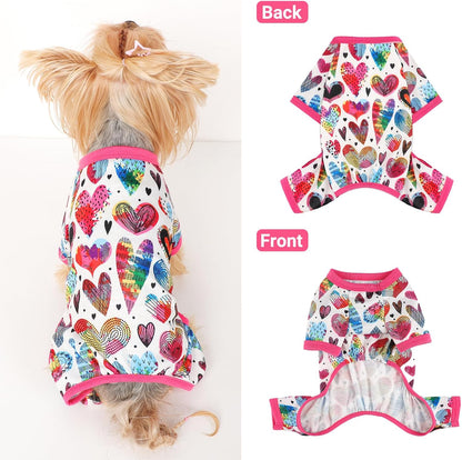Dog Pajamas Small Sized Dogs Stretchable Summer Dog Clothes Pjs 4 Legs Girl Boy Cute Soft Puppy Outfits Doggie Cat Jammies Jumpsuit Sleeper for Pet (Love Heart, Medium)