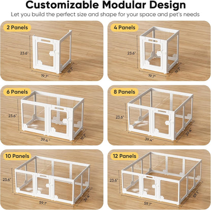 Acrylic Clear Dog Play Pen Indoors, Puppy Playpen with Door for Small Dogs Puppies, Transparent Plastic Pet Playpen Cage Fence Crate Kennel for Cat Kitten Rabbit Bunny Ferret etc (White-12 Panels)