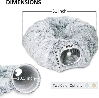 Cat Donut Bed with Washable Cushion – Cat Caves for Indoor Cats – Collapsible Donut Bed with Peekaboo Pet Tunnel & Tunnel Toy – Cozy Hideout for Kittens, Ferrets, Rabbits & Dogs – Grey