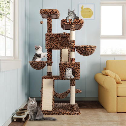 MUTICOR 66 Inches Multi-Level Large Cat Tree Tower for Indoor Big Feline/Cozy Plush Perches/Condo/Sisal Scratching Posts/Hammock and Baskets/Activity Center Play House/Wide Base/Leopard Print