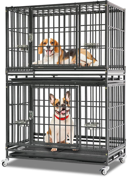 Homey Pet 37 Inch Stackable Heavy Duty Dog Crate Cage Kennel with Feeding Bowls, Lockable Wheels and Removable Tray, Escape Proof Wire Drop Dog Crates for Medium Dogs (Two Tiers)