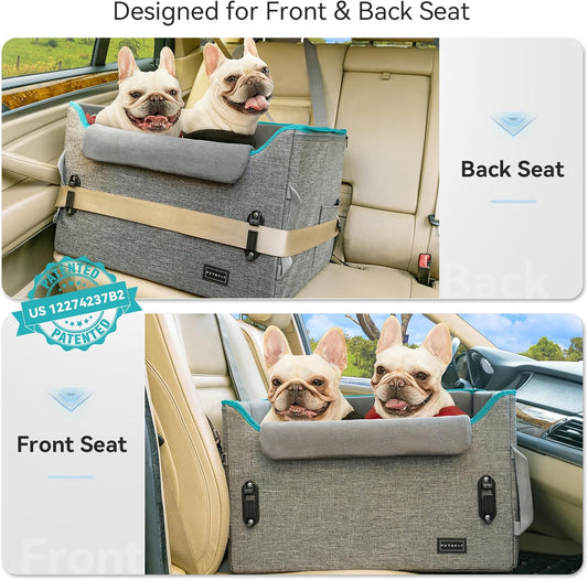 PETSFIT Dog Booster Car Seat for Small/Medium Dogs, Dog Car Seat for Medium Sized Dog with 2 Clip-On Safety Leashes and Patented Buckles, Pet Car Seat with Storage Pockets for Pets Under 45Lbs (Grey) - Pawvie