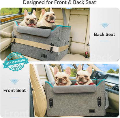 PETSFIT Dog Booster Car Seat for Small/Medium Dogs, Dog Car Seat for Medium Sized Dog with 2 Clip-On Safety Leashes and Patented Buckles, Pet Car Seat with Storage Pockets for Pets Under 45Lbs (Grey) - Pawvie