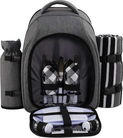 apollo walker Picnic Backpack Bag for 2 Person with Cooler Compartment, Detachable Bottle/Wine Holder, Fleece Blanket, Plates and Cutlery Set (2Person,Grey)