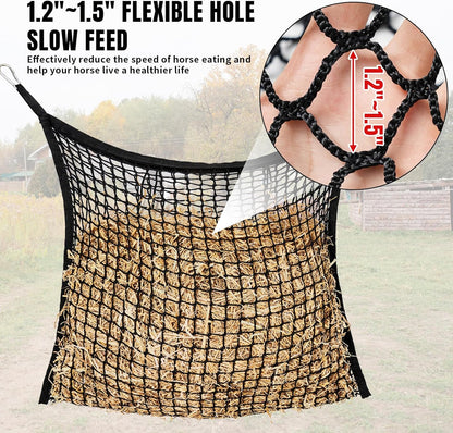 4 PCS Slow Feed Hay Net for Horses, Large Capacity Hay Bags for Horses Goats Sheep Donkey Trailer Full Day Feeding, Easy to Fill and Hang, Black, 35 x 31 Inch