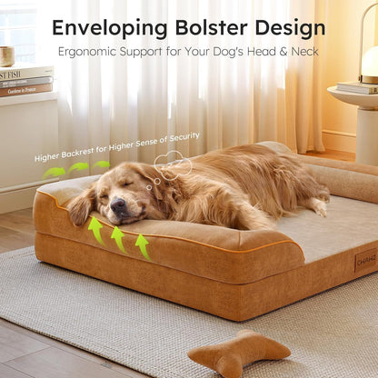 XXL Dog Bed for Extra Large Dogs, Giant Orthopedic Dog Bed with Cooling Gel Memory Foam, Waterproof Pet Bed with Removable Washable Cover, 53" Pet Sofa Bed Dutch Velvet with Bone Toy, Brown