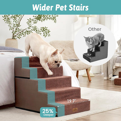 Dog Stairs for Small Dogs, 5 Tier Removable Wider Pet Stairs for Couch and Bed, 23.6" H Non-Slip Dog Steps for Puppies and Old Cats with Support Board, 29.5x19.7x23.6 inch, Brown
