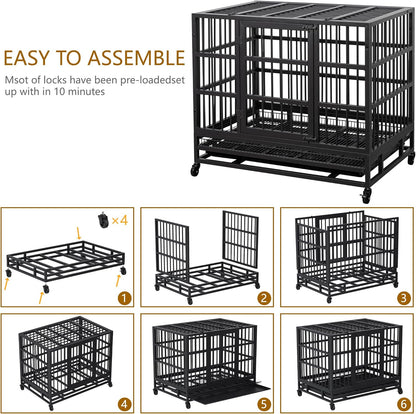 JY QAQA 48/38 Inch Heavy Duty Indestructible Dog Crate Double Doors Escape Proof Cage Kennel,Enhanced Metal Pet Cage,Extra Large Crate Indoor for Large Dog with Removable Tray and Lockable Wheels