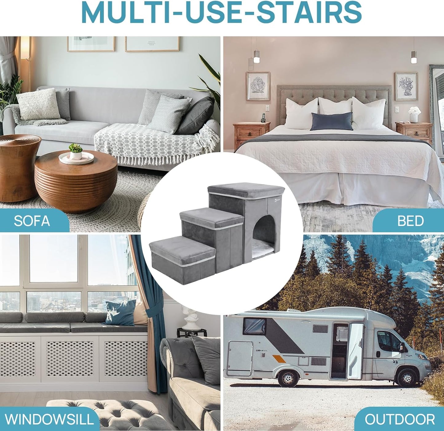 Foldable Pet Stairs for Beds & Sofas - Non-Slip Dog Steps with Storage for Small to Medium Dogs & Cats, Supports up to 120 lbs - Durable 2 & 3-Step Doggie Ladder for Easy Access - Pawvie
