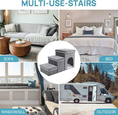 Foldable Pet Stairs for Beds & Sofas - Non-Slip Dog Steps with Storage for Small to Medium Dogs & Cats, Supports up to 120 lbs - Durable 2 & 3-Step Doggie Ladder for Easy Access - Pawvie