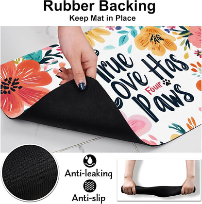 True Love Floral Dog Cat Food Mat-Absorbent Placemat for Food and Water Bowl, Waterproof Non Slip Rubber Backing Dog Food Mats for Floors, Pet Supplies 12 * 20 inch