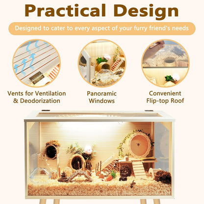 Prolee Hamster Cage Wooden Chew Proof, Extra Large Mice and Rat Habitat Openable Top with Acrylic Sheets Solid Built Small Animal Cage with Leg Stands, 24 Inch Long