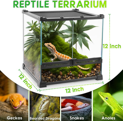 Mini Reptile Glass Terrarium 12"x12"x12" Durable Reptile Habitat Tank with Heat Resistant Aluminum Alloy Frame, Double Swinging Doors with no Jam by Sand and Other Debris - Pawvie
