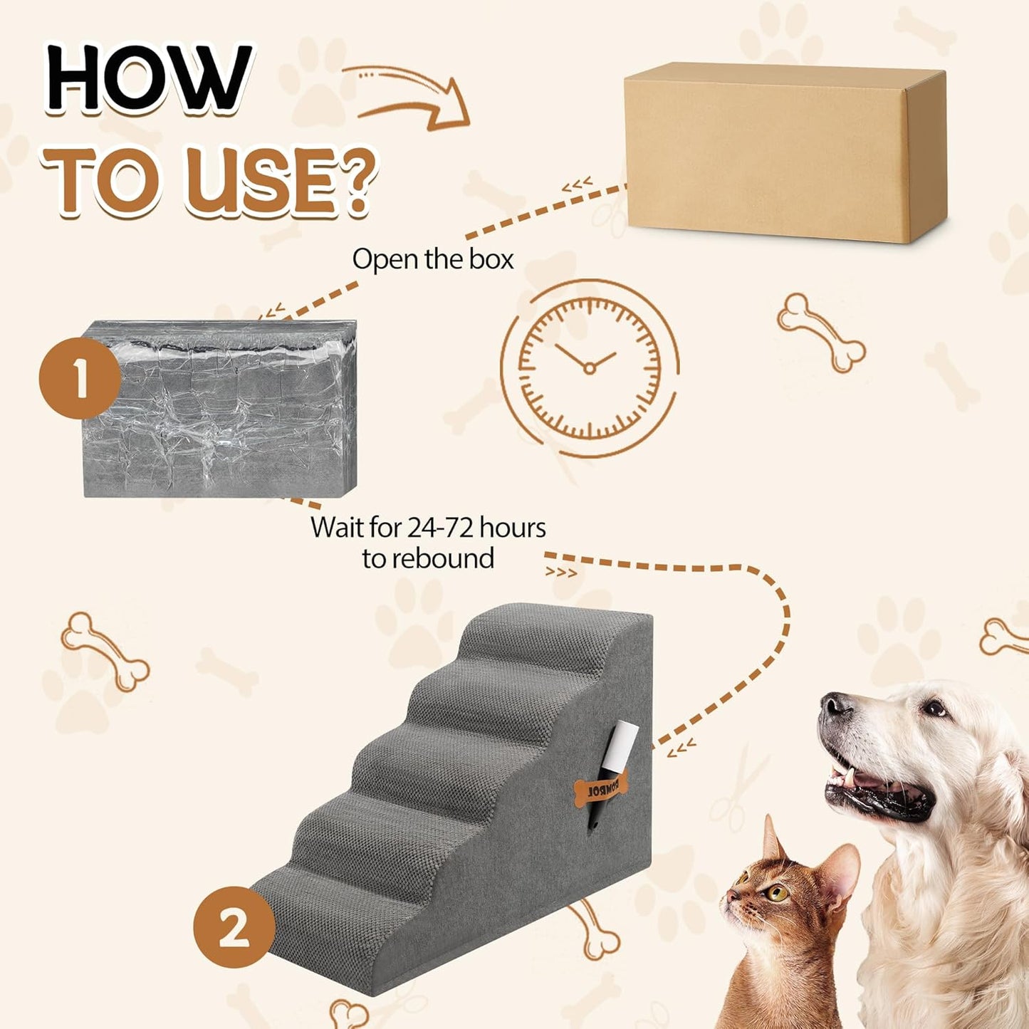 Romrol Dog Stairs Ramp for Small Dogs, Pet Stairs Steps with Durable Non-Slip Waterproof Fabric Cover, Dog Slope Stairs to Bed for Small Dogs and Cats or Pets Joints, 5-Steps, Grey - Pawvie