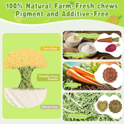 10 PCS Guinea Pig Chew Toys for Teeth, Rabbit Chew Toys Contain Natural Timothy Apple Core, Grass Cake, Carrot and Strawberry;Hamster toys for Bunny Chinchilla Gerbil Dental Care & Treat Teething