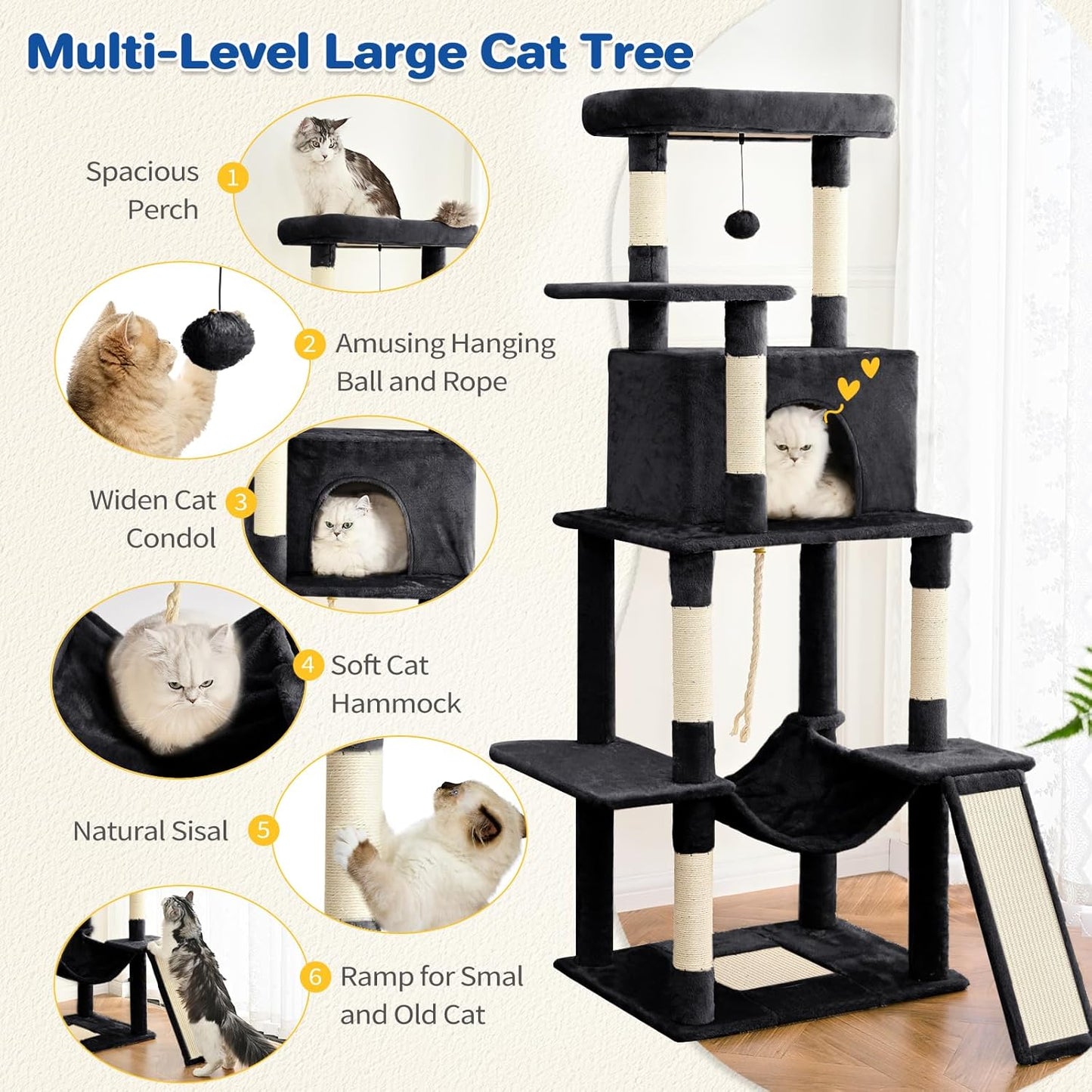 Cat Tree Tower 63in Multi-Level Cat Tower for Indoor Cats with Sisal Scratching Posts, Condo, Hammock, Dangling Ball and Extended Platform for Cats to Play, Black