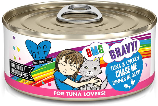 Weruva B.F.F. OMG - Best Feline Friend Oh My Gravy!, Tuna & Chicken Chase Me with Tuna & Chicken, 5.5oz Can (Pack of 8)