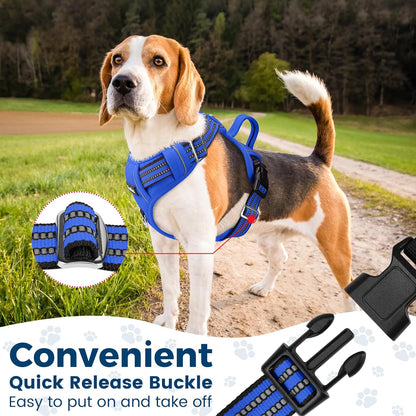 Funfox Dog Harness No Pull, Adjustable Pet Vest Harness, Super Soft Material with Vertical Handle Easy Control, Reflective Night Walking, 2 Leash Clips for Large Dogs, Blue, L
